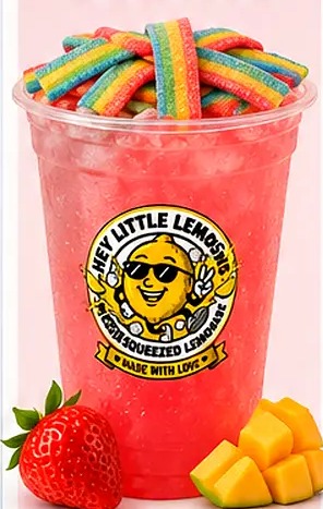 Rainbow Rush lemonade — Strawberry + Mango, topped with Rainbow Belts
