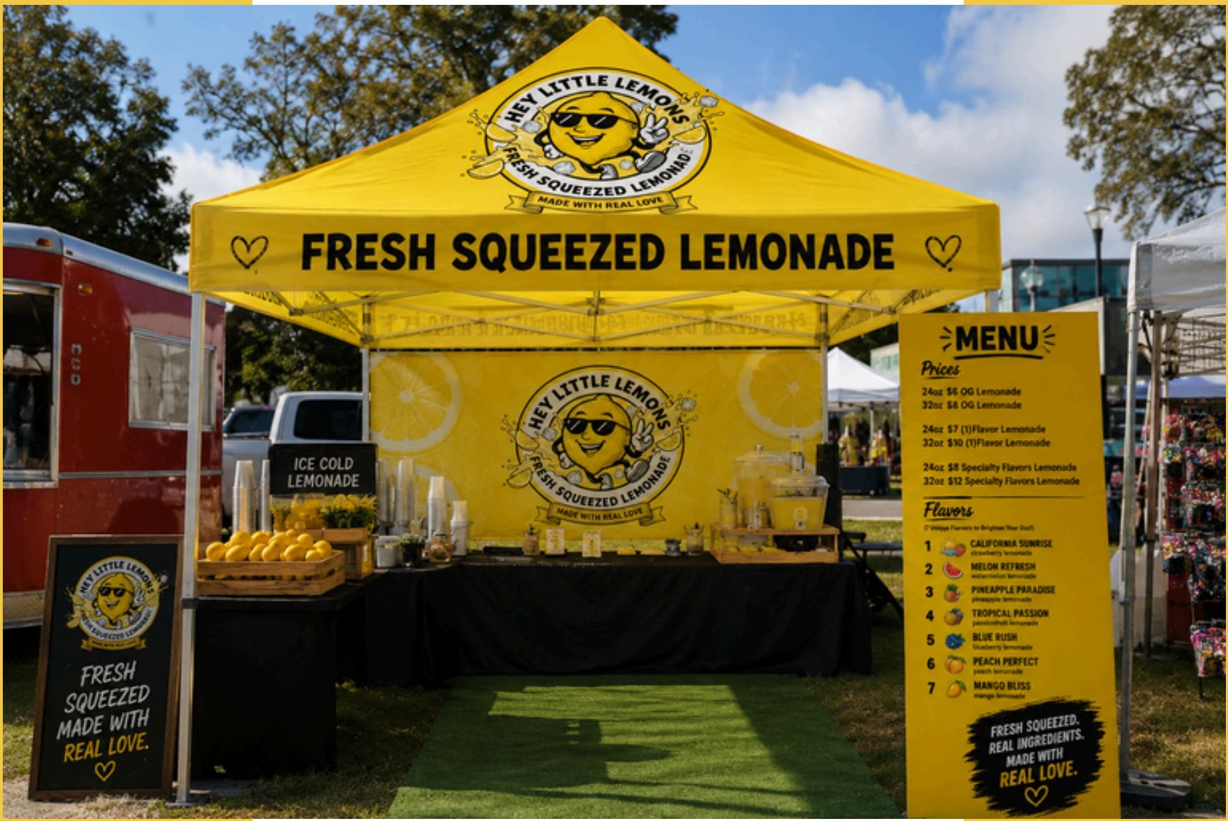 The Hey Little Lemons branded yellow tent with menu board and fresh lemon display at an outdoor market