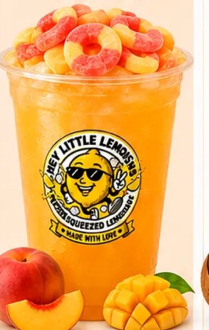 Paradise Peach lemonade — Peach + Mango, topped with Peach Rings