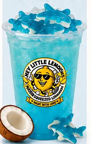 Shark Attack lemonade — Coconut + Blue Raspberry, topped with Gummy Sharks